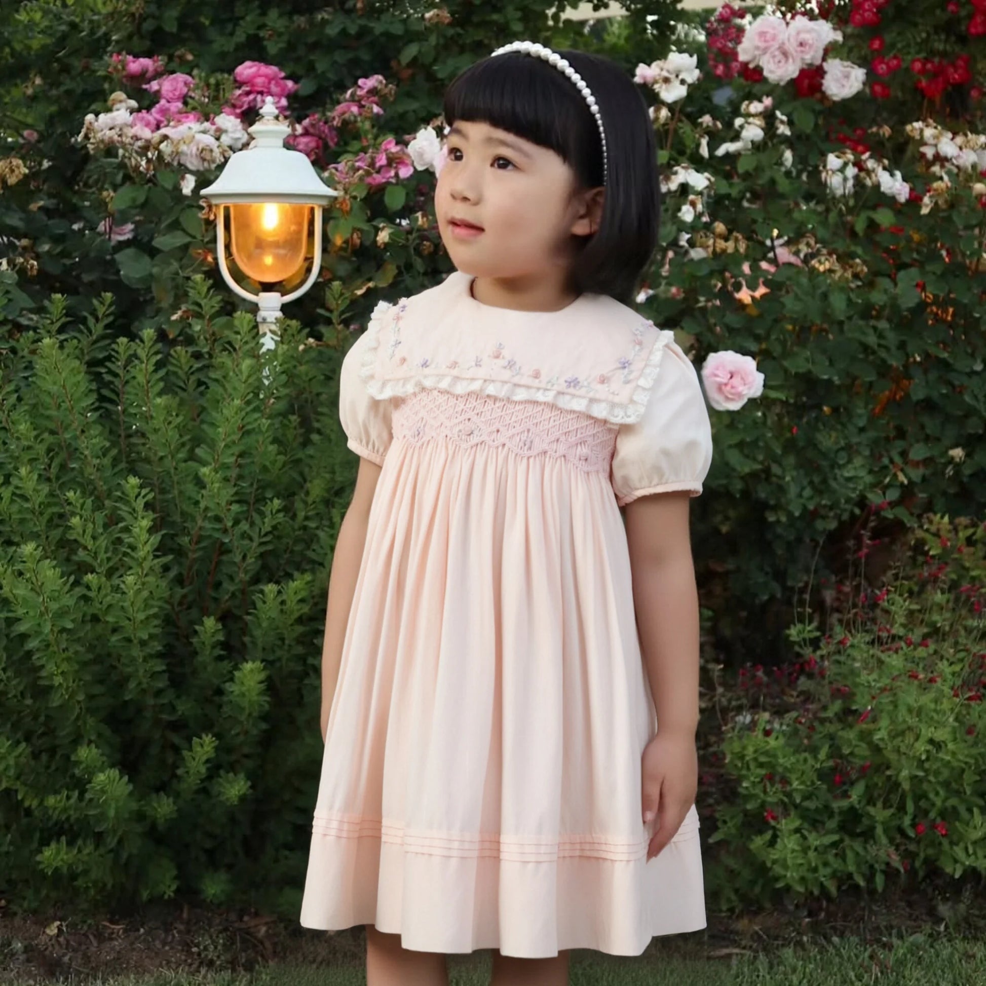 Girls' Embroidery Smocked Lace Communion Dress
