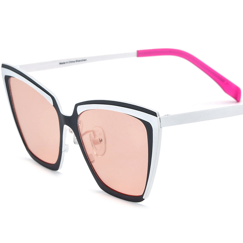 Colourful Titanium Cat Eye Polarised Sunglasses - Black White Frame Pink Lens - MCROONS