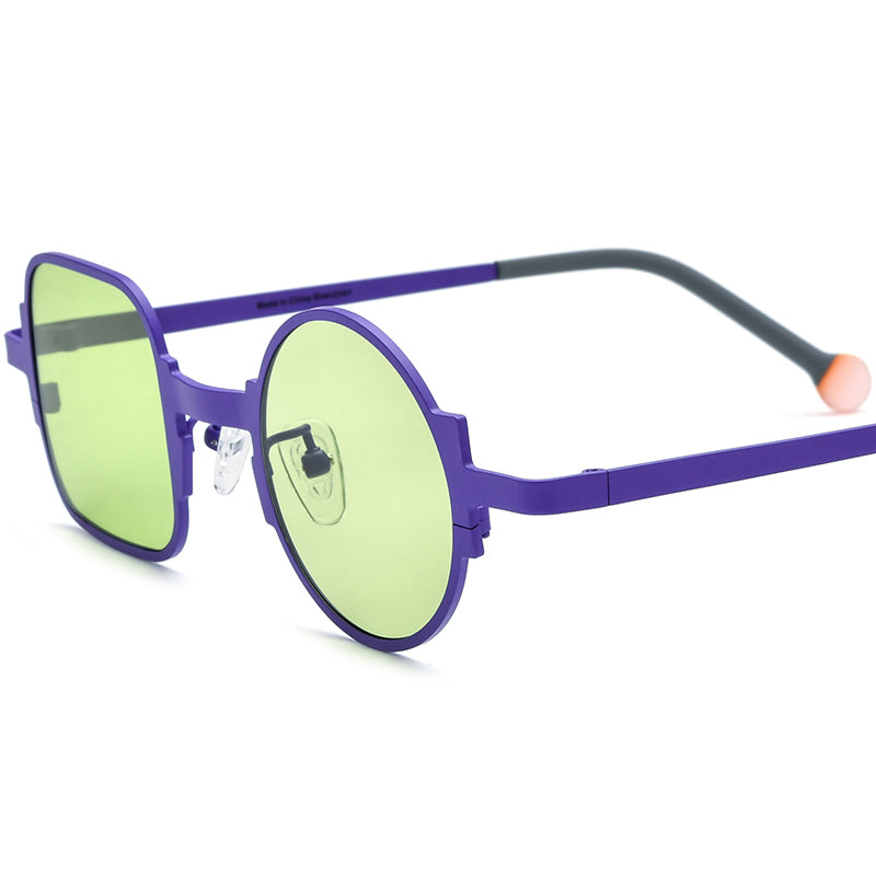 Asymmetric Titanium Square Round Polarised Sunglasses Vintage - Purple Green Lens - MCROONS
