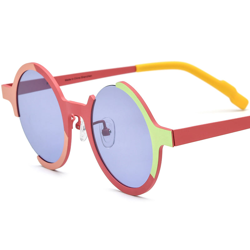 Colourful Titanium Semi-Rimless Round Polarised Sunglasses - Red Purple Lens - MCROONS