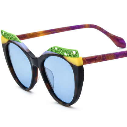 Matte Acetate Cat Eye Sunglasses Big Size Retro - Tortoise Blue Lens - MCROONS