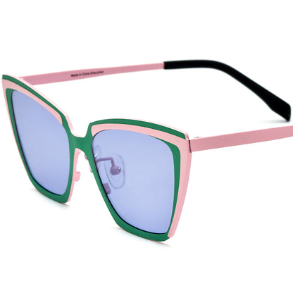 Colourful Titanium Cat Eye Polarised Sunglasses - Green Pink Frame Purple Lens - MCROONS