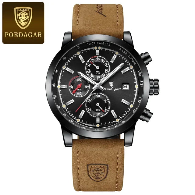 Poedagar 932 Men's Luxury Chronograph Quartz Watch – Leather Strap, Waterproof, Luminous, Date