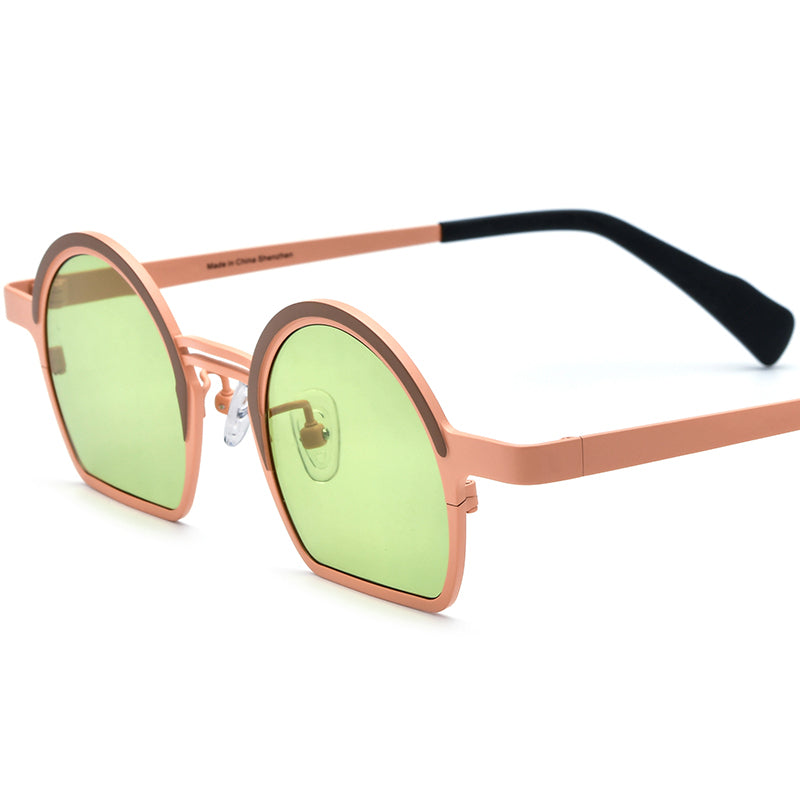 Colourful Titanium Half-Rim Round Sunglasses - Brown Yellow Green Lens - MCROONS