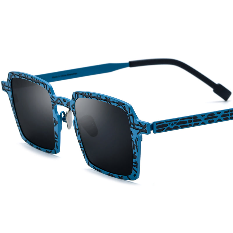 Colourful Titanium Patterned Square Polarised Sunglasses - Blue Black - MCROONS