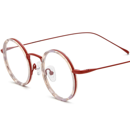 Retro Round Acetate Titanium Optical Glasses - Flower Red - MCROONS