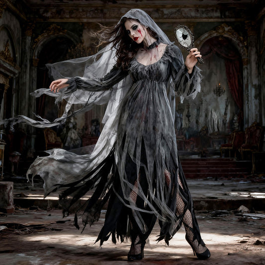 Ghost Bride Tattered Tulle Halloween Costume - MCROONS front view