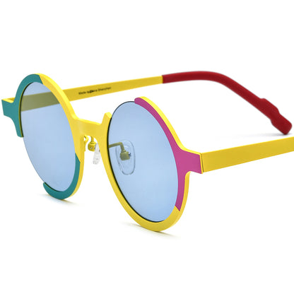 Colourful Titanium Round Polarised Sunglasses - Yellow Frame Blue Lens - MCROONS