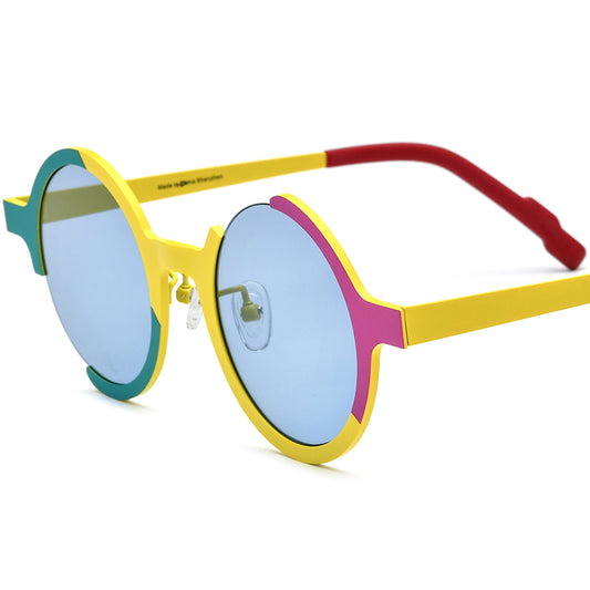 Colourful Titanium Round Polarised Sunglasses - Yellow Frame Blue Lens - MCROONS