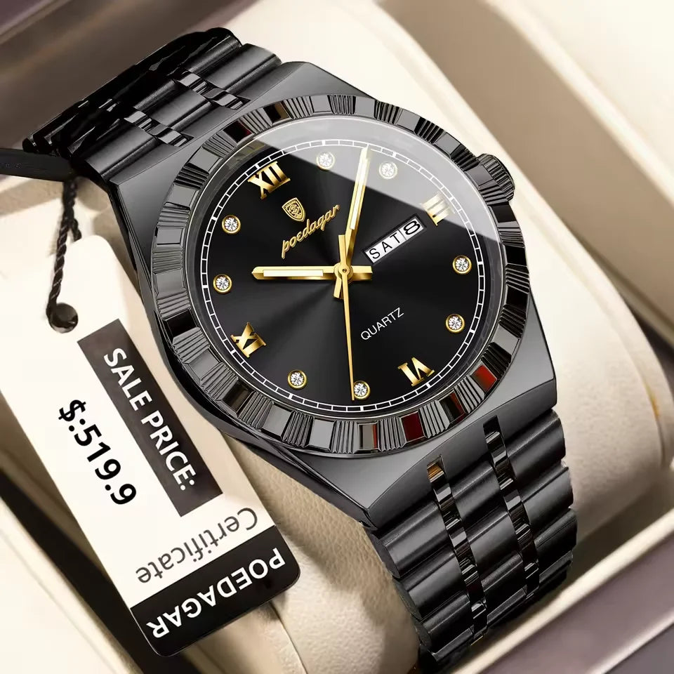 Poedagar 872 Men's Luxury Quartz Watch – Stainless Steel Band, Waterproof, Luminous, Date