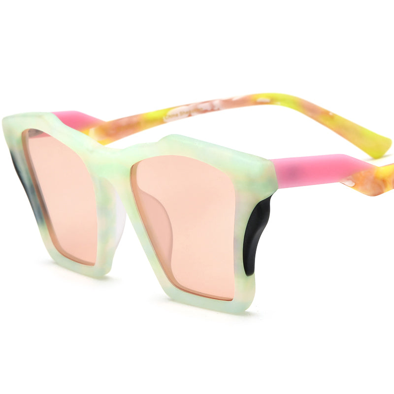Retro Cat Eye Acetate Polarized Sunglasses - Green Pink Lens - MCROONS