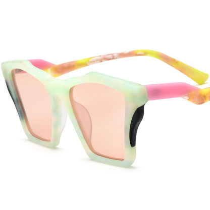 Retro Cat Eye Acetate Polarized Sunglasses - Green Pink Lens - MCROONS
