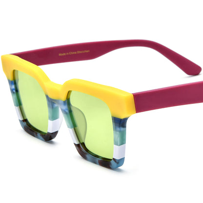 Retro Colour-Block Acetate Square Polarized Sunglasses - Yellow White Green Lens - MCROONS