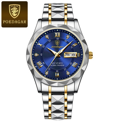 Poedagar 615 Men's Luxury Quartz Watch – Stainless Steel Band, Waterproof, Luminous, Date