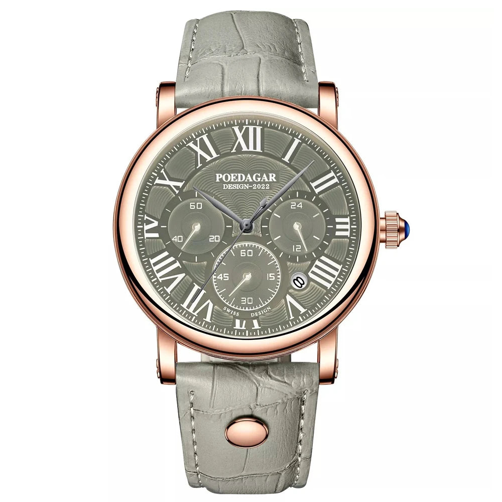 Poedagar 986 Men's Luxury Chronograph Quartz Watch – Leather Strap, Waterproof, Date