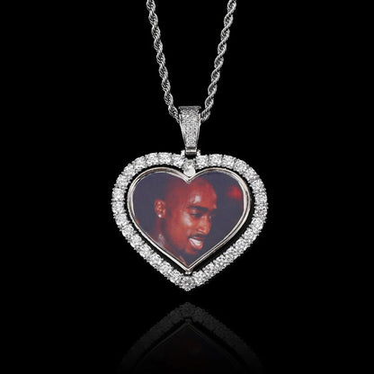  Iced Out Diamond Memory Photo Pendant Hip Hop Jewelry Custom Rotating Heart Photo Pendant Picture Necklace