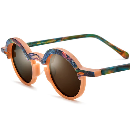 Retro Multicolour Round Matte Acetate Polarized Sunglasses UV400 - Brown Brown Lens - MCROONS