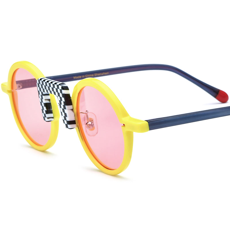 Acetate Round Polarized Sunglasses Vintage Mirrored - Yellow Pink Lens - MCROONS