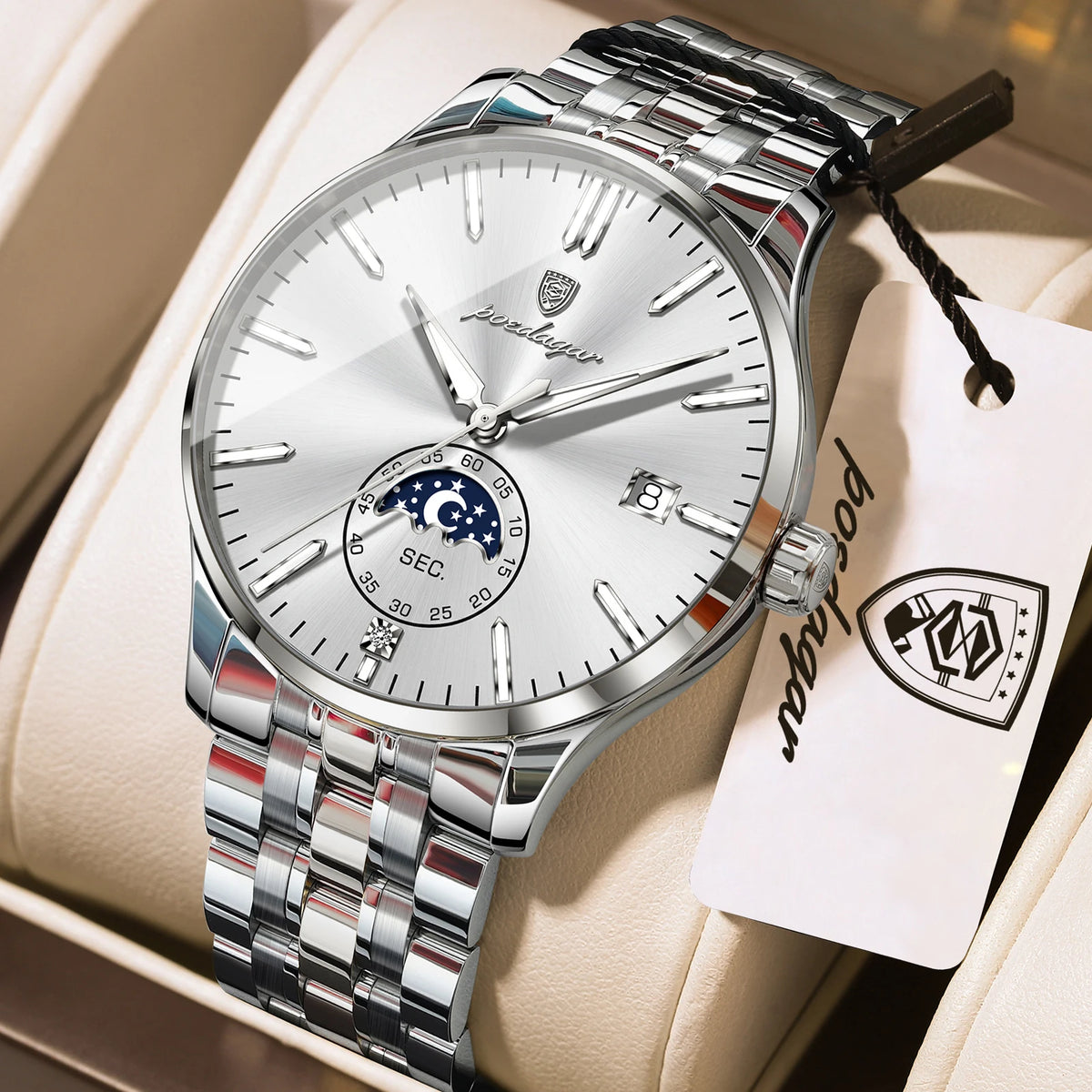 Poedagar 854 Men's Luxury Quartz Watch – Stainless Steel Band, Waterproof, Luminous, Date