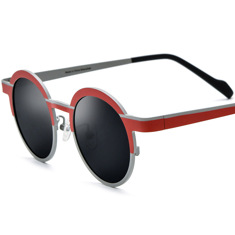 Colourful Titanium Round Polarised Sunglasses - Red Gray Gray Lens - MCROONS