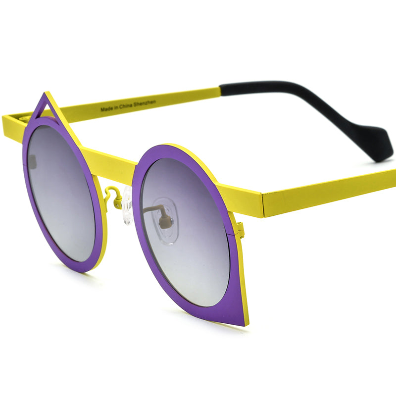 Colourful Titanium Irregular Polarised Sunglasses Retro - Purple Yellow Frame Gradient Gray Lens - MCROONS