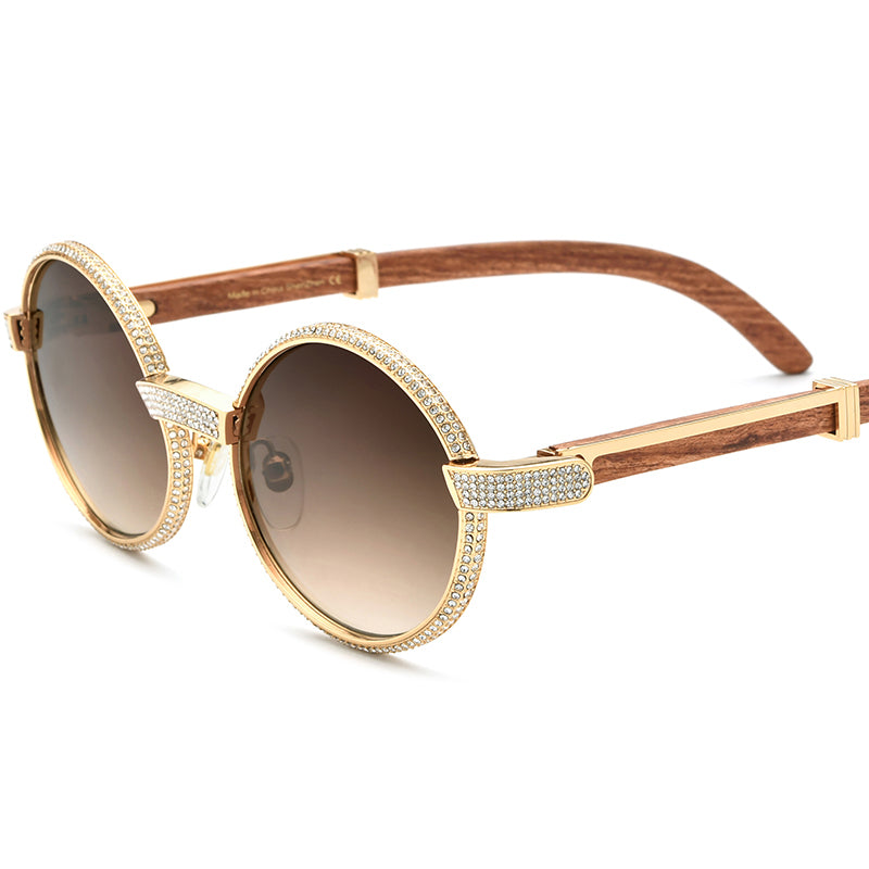 Diamante Wood Round Sunglasses - Wood - MCROONS