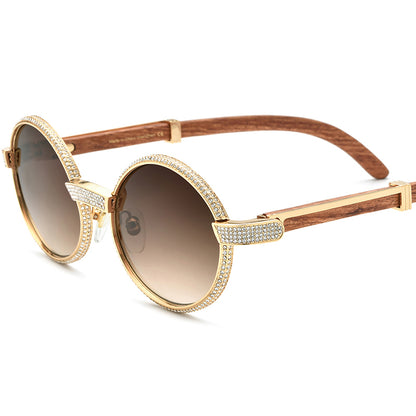 Diamante Wood Round Sunglasses - Wood - MCROONS