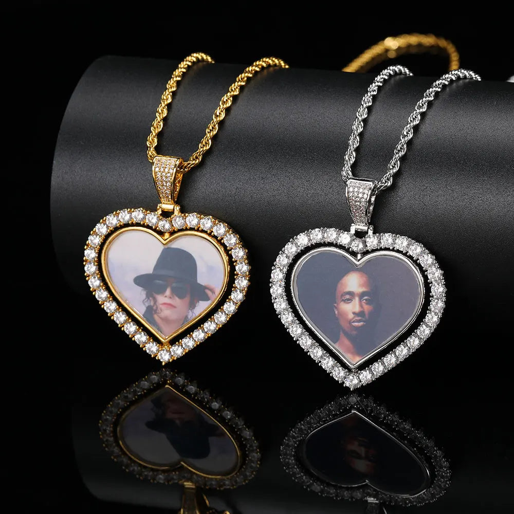  Iced Out Diamond Memory Photo Pendant Hip Hop Jewelry Custom Rotating Heart Photo Pendant Picture Necklace
