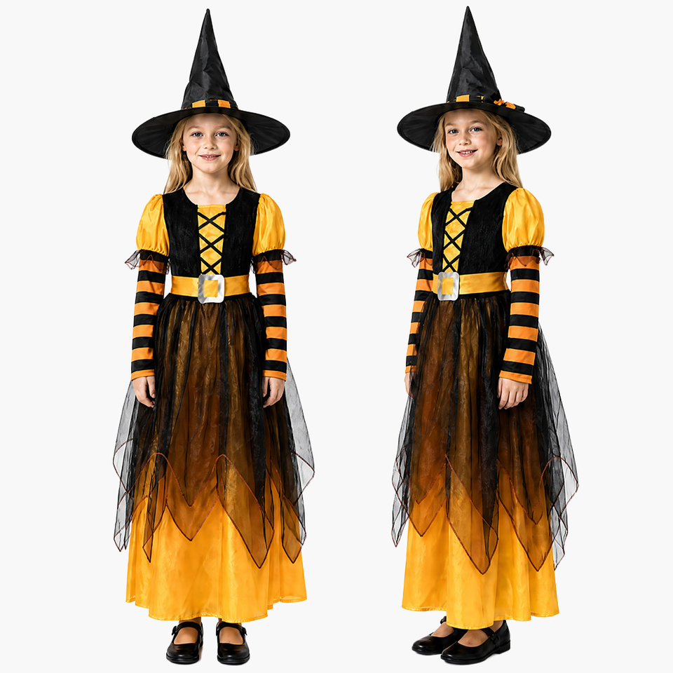 Girls' Orange Witch Dress - Kids Halloween Costume Set with Hat