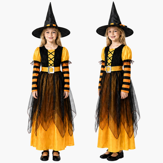 Girls' Orange Witch Dress - Kids Halloween Costume Set with Hat