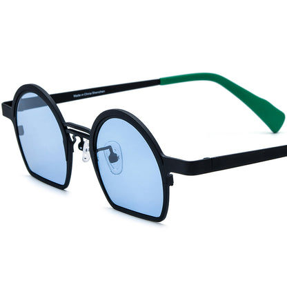Colourful Titanium Half-Rim Round Sunglasses - Black Blue Lens - MCROONS