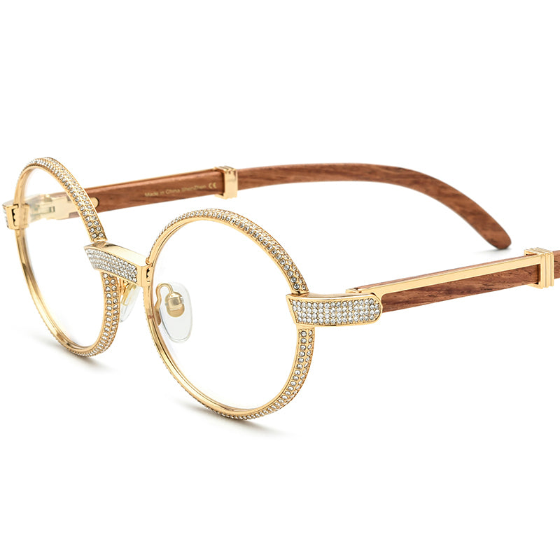 Crystal-Paved Wood Round Optical Glasses Frame - MCROONS - Wood
