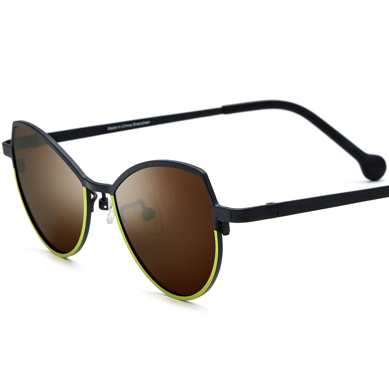 Colourful Titanium Cat Eye Sunglasses Polarized - Black Brown Lens - MCROONS
