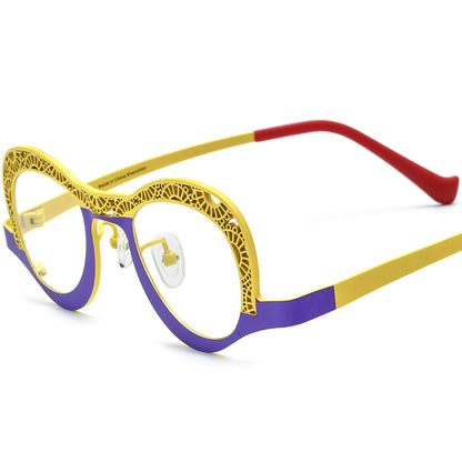 Matte Titanium Small Cat Eye Optical Glasses Hollow-Out - Matte Purple Yellow - MCROONS