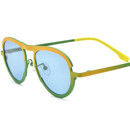 Colourful Titanium Aviator Polarised Sunglasses - Yellow Green Frame Blue Lens - MCROONS