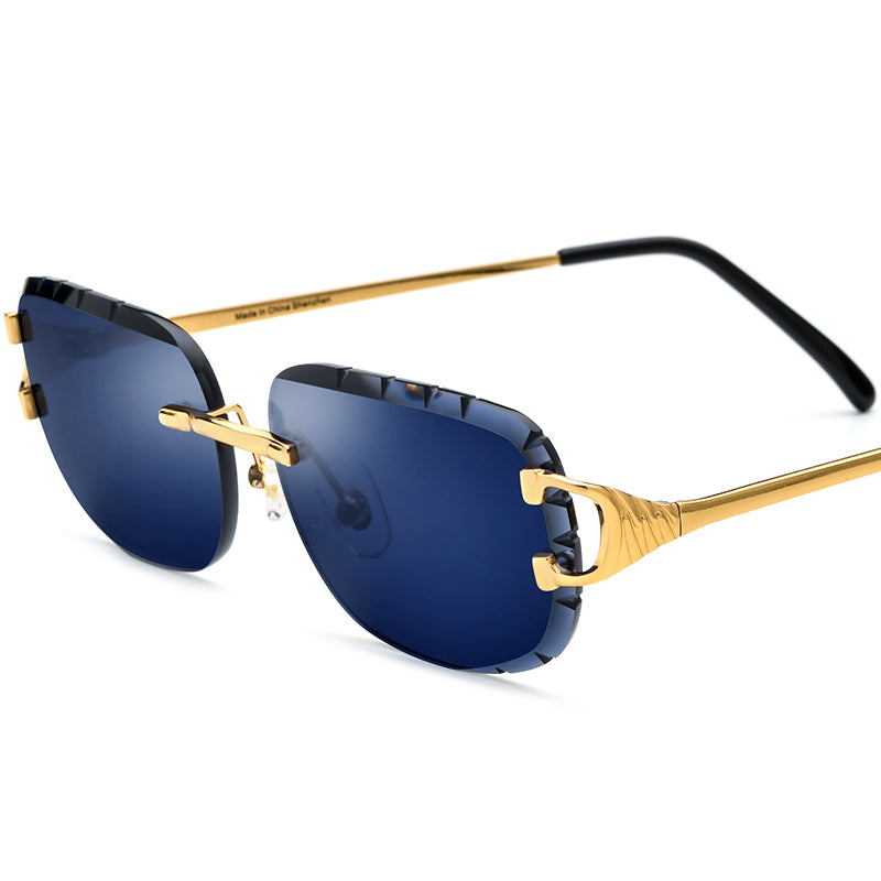Rimless Diamond-Trim Metal Sunglasses Luxury - Gold Blue Lens - MCROONS