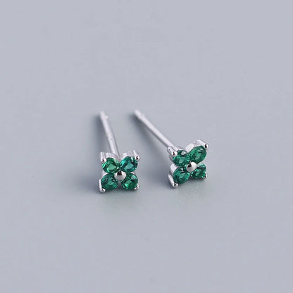 KR Simple Diamond S925 Silver INS Four Leaf Flower Earrings Sweet and Small Colorful Flower Earrings