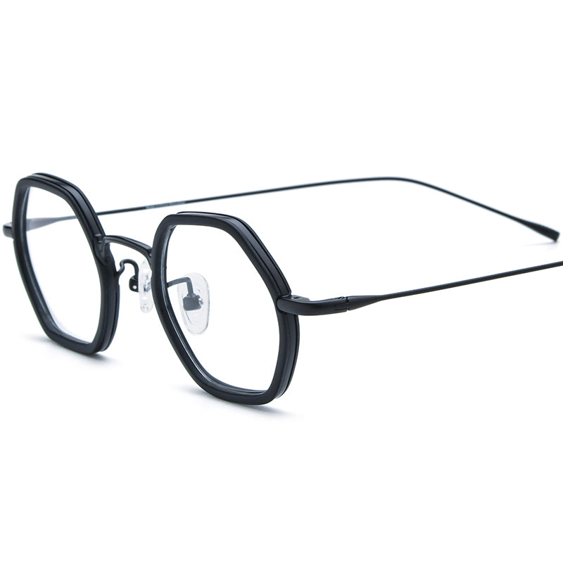 Retro Acetate Titanium Two-Tone Hexagon Glasses - Black - MCROONS