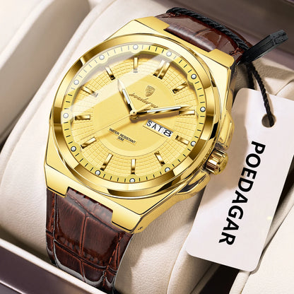 Poedagar 896 Men's Luxury Quartz Watch – Leather Strap, Waterproof, Luminous, Date