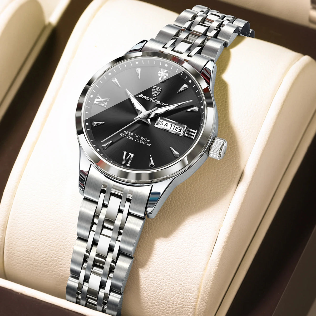 Poedagar 504 Women's Luxury Quartz Watch – Stainless Steel Band, Waterproof, Luminous, Date
