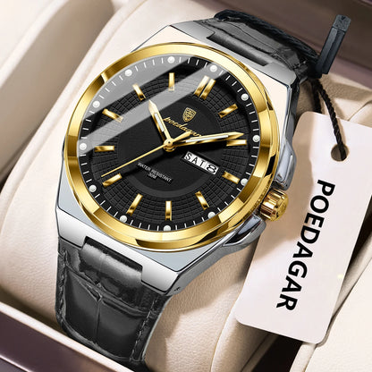 Poedagar 896 Men's Luxury Quartz Watch – Leather Strap, Waterproof, Luminous, Date