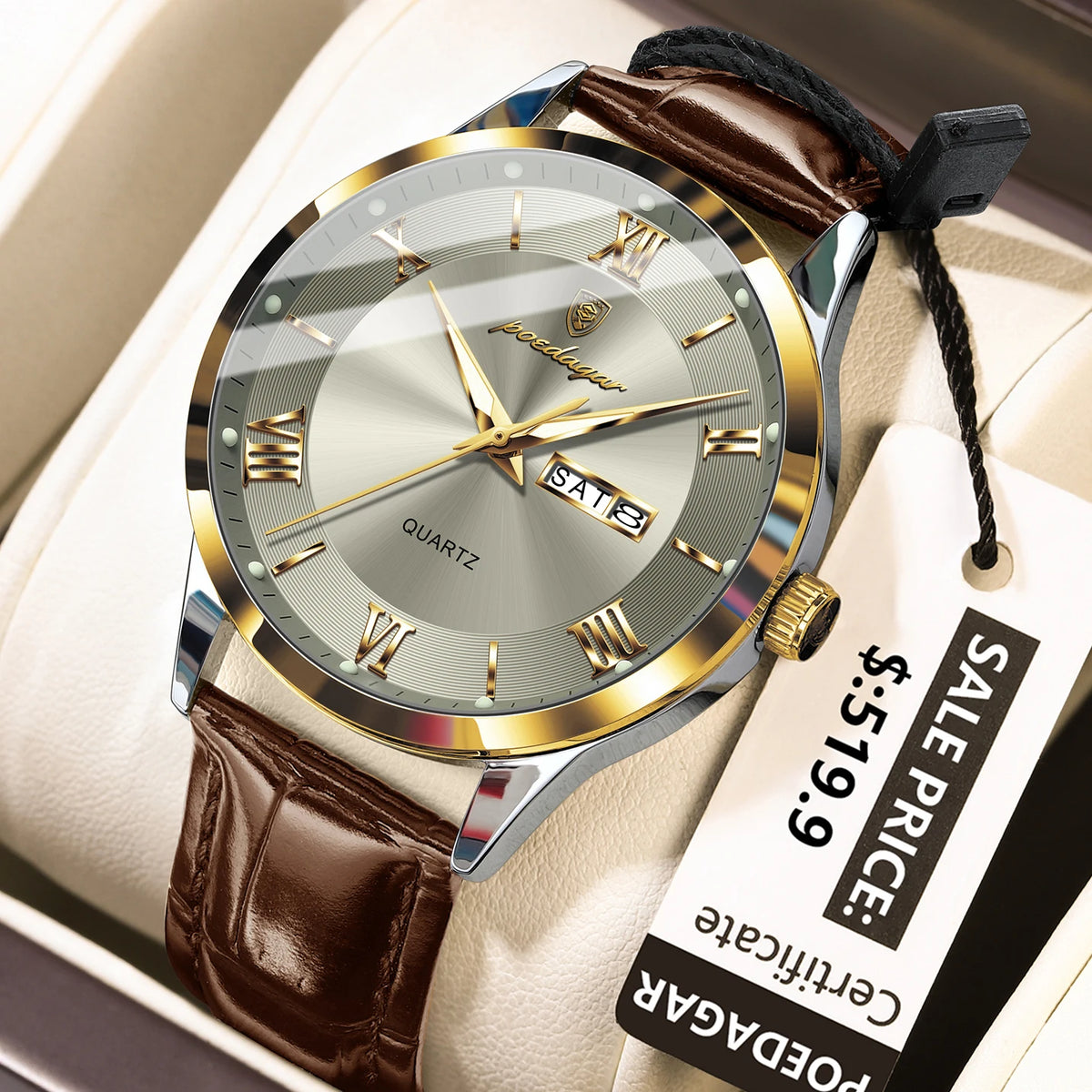 Poedagar 978 Men's Luxury Quartz Watch – Leather Strap, Waterproof, Luminous, Date
