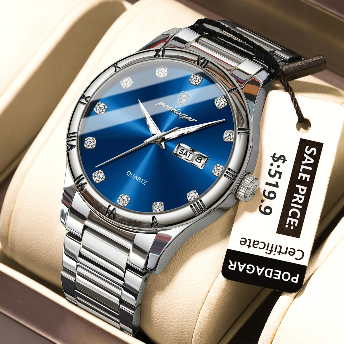 Poedagar 878 Men's Sport Quartz Watch – Stainless Steel Band, Waterproof, Luminous, Date