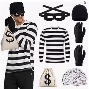 Adult prisoner thief costume set by MCROONS featuring a striped prison jumpsuit and accessory details for themed dress-up.