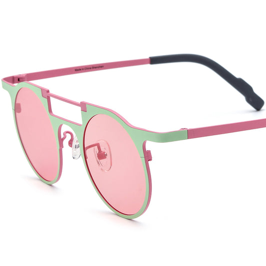 Colourful Titanium Round Polarised Sunglasses Retro - Green Pink Pink Lens - MCROONS