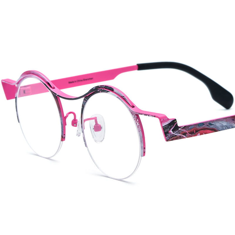 Titanium Semi-Rimless Round Optical Glasses Print - Pink Frame - MCROONS