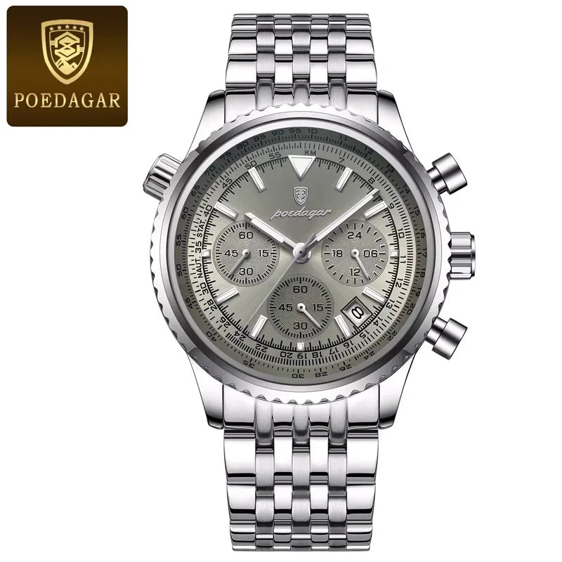 Poedagar 960 Men's Luxury Chronograph Quartz Watch – Stainless Steel Band, Waterproof, Luminous, Date