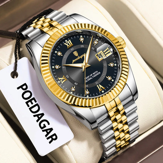 Poedagar 910 Men's Luxury Quartz Watch – Stainless Steel Band, Waterproof, Luminous, Date