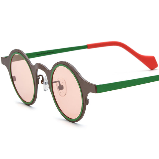 Colourful Titanium Round Polarised Sunglasses - Brown Frame Pink Lens - MCROONS