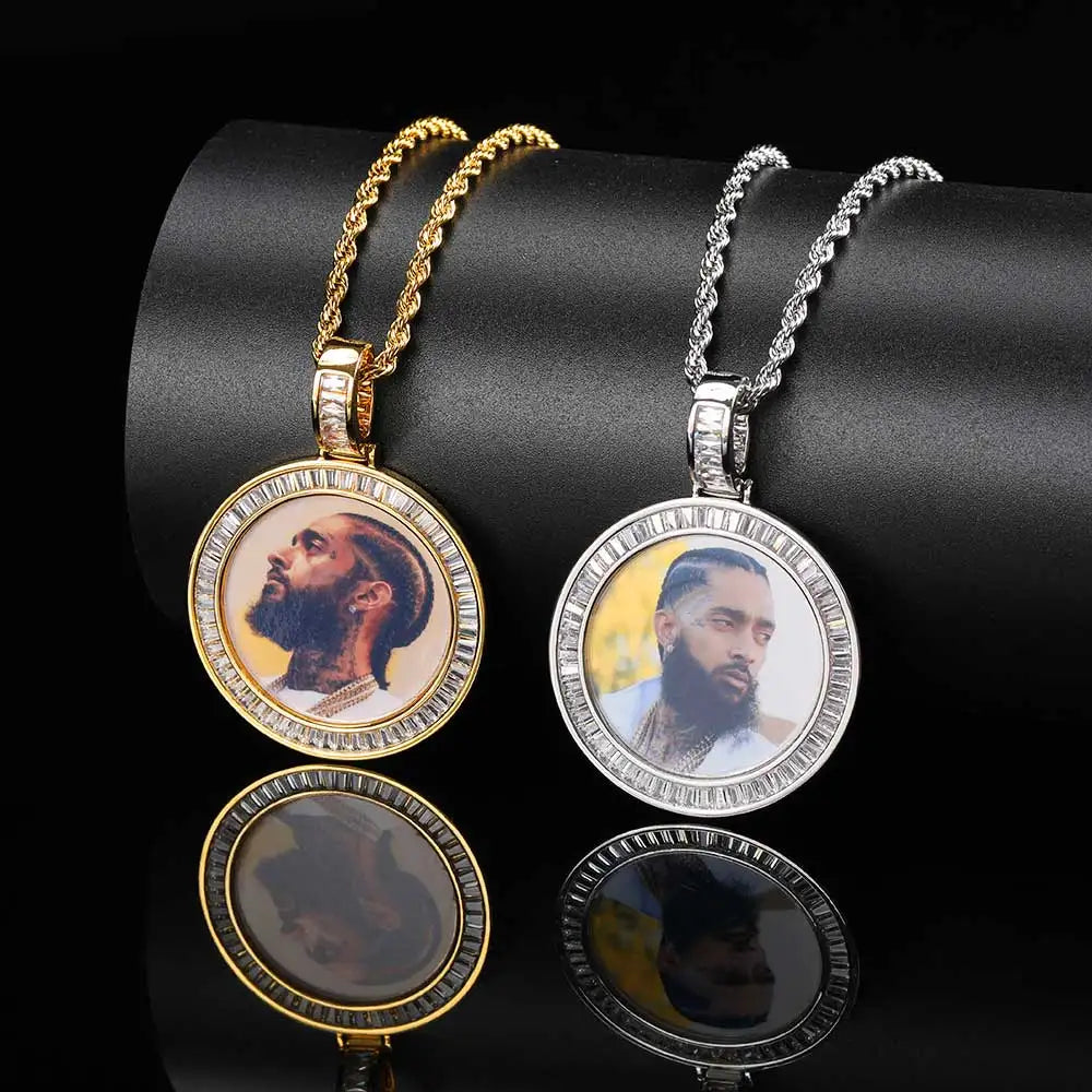 Hip Hop Jewelry CZ Custom Free Rope Chain round Picture Pendant Custom Baguette Diamond Photo Pendants